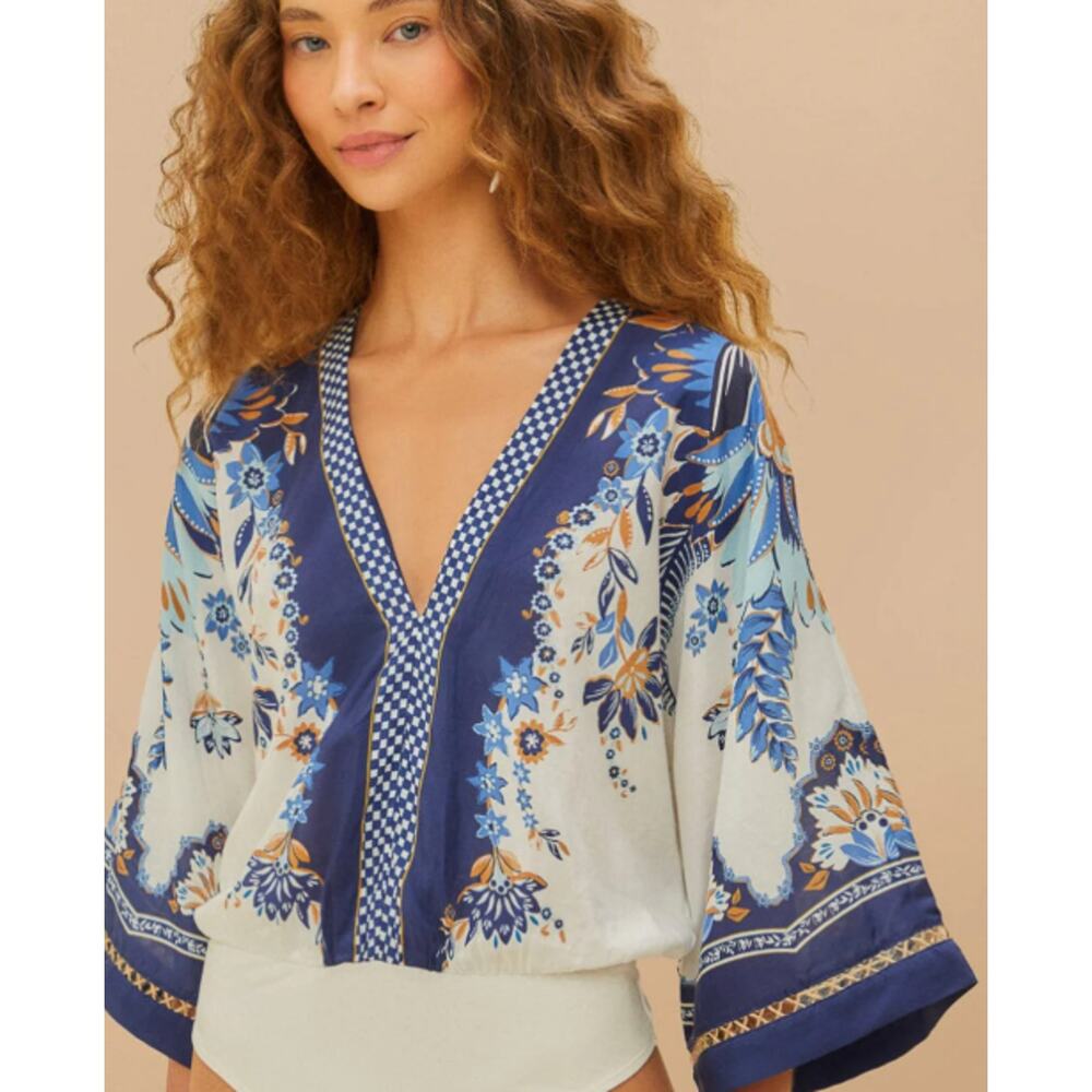 NWT FARM Rio Ana Tapestry Kimono One Piece Bodysuit Off-White Blue Size XL